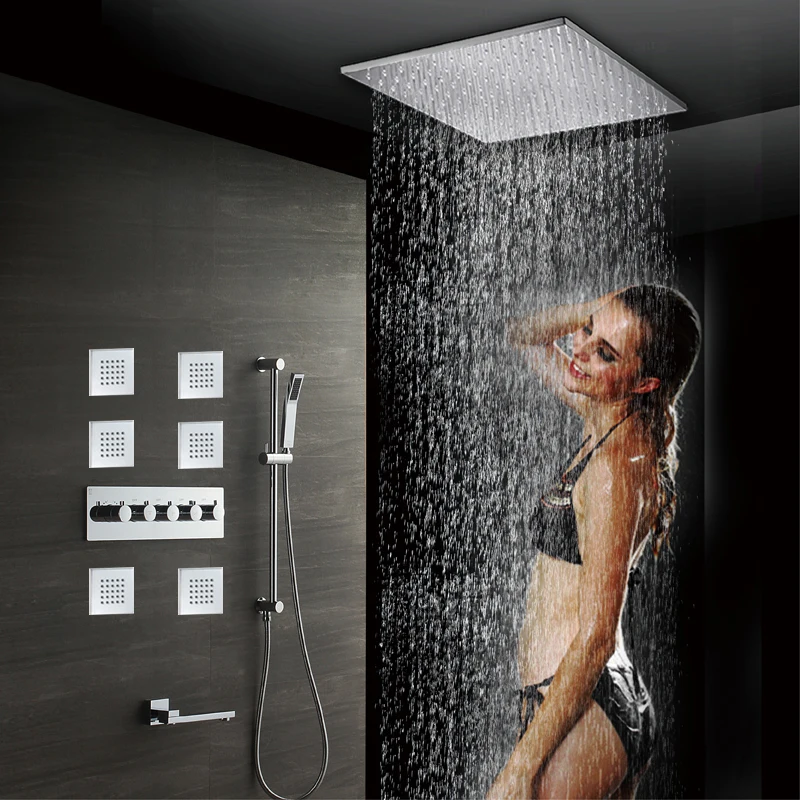 

Thermostatic Bathroom Shower Faucet In Wall Chrome Bath and Shower Faucet Set Bath and Rainfall Shower 50cm Shower Head