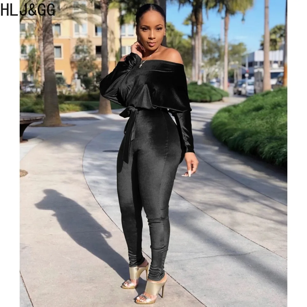 HLJ&GG Fashion One Shoulder Long Sleeve Bodycon Jumpsuits Women Velvet Lace Up Skinny Pants One Piece Playsuits Female Overalls