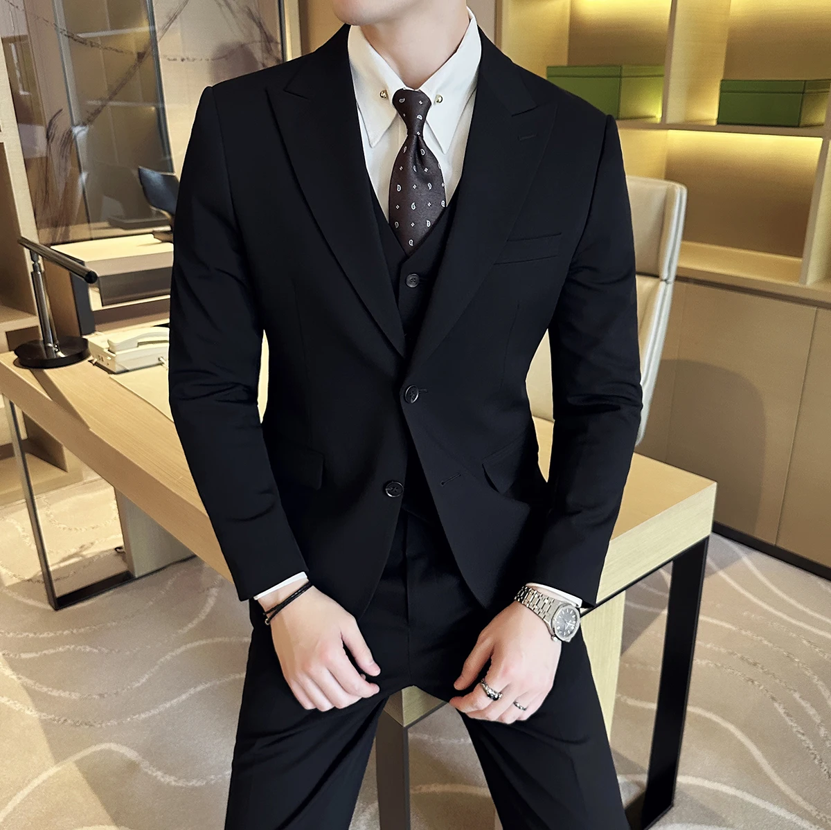 Men's Formal Slim Fit Business Work Wedding Stage Tuxedo Fashion Men Social Dress Suit 3 Pieces Set Jacket Vest Pant