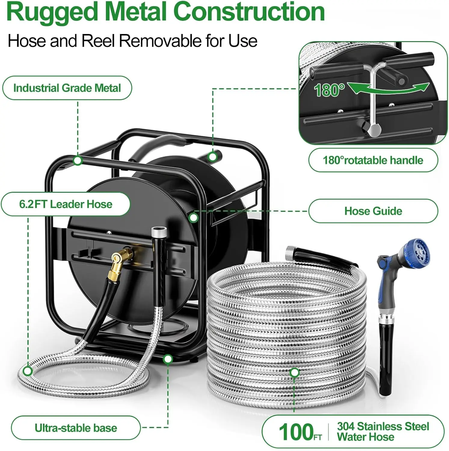 Heavy Duty Metal Garden Hose Reel With 100 Ft 304 Stainless Steel & Aluminum Nozzle, Wall Mount/Floor Water Pipe Spool