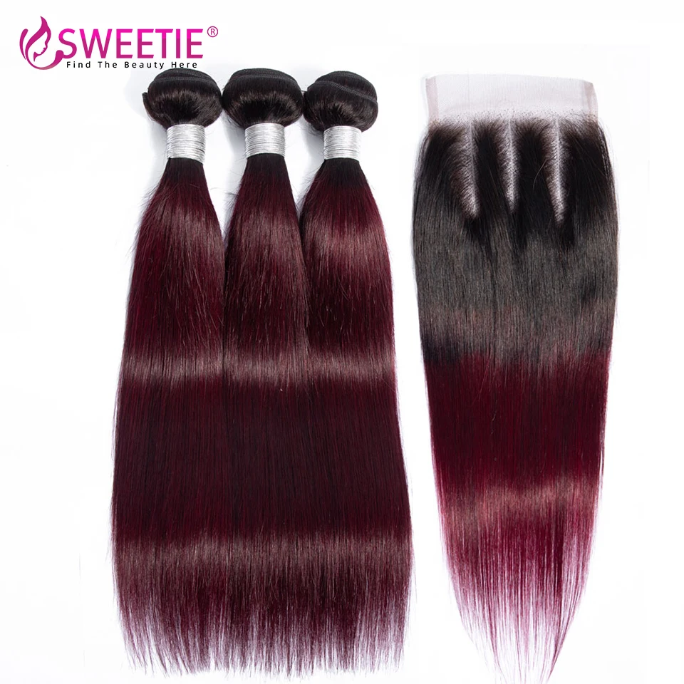 Пупряди Sweetie Ombre с застежкой 1b/99J, перуанские прямые пучки волос, цветные Человеческие волосы Remy, пучки с кружевной застежкой