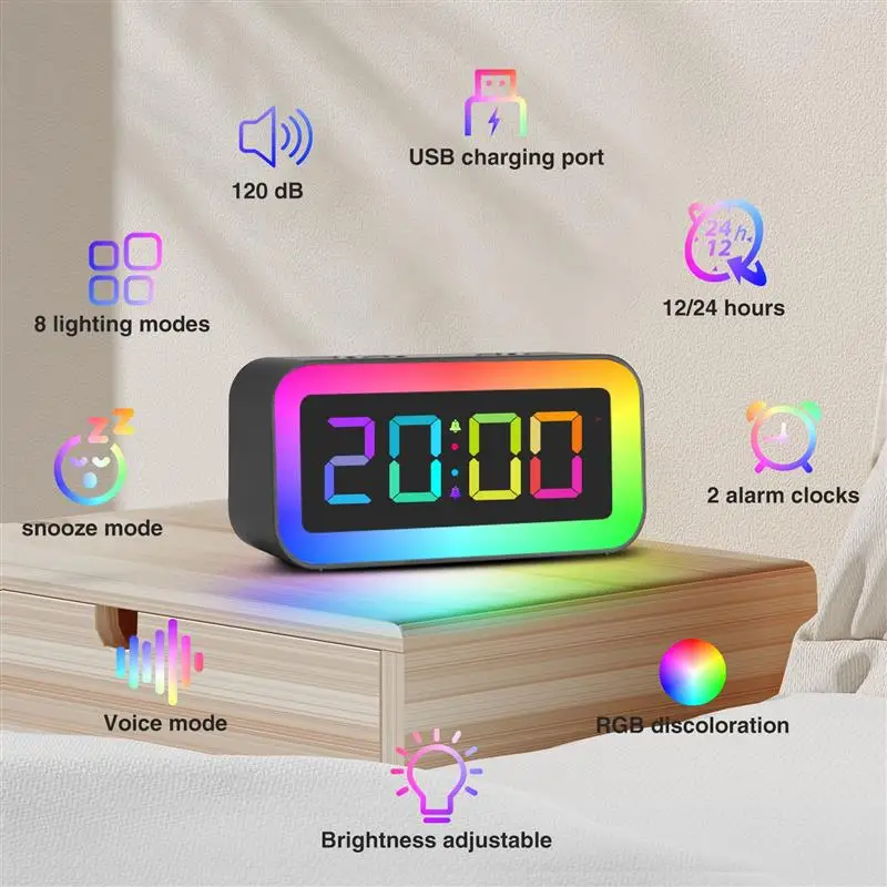 

Christmas Decora LED Digital Student Alarm Clock RGB Colorful Night Light Function USB Rechargeable Snooze Clocks Halloween Gift