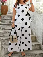 【Plus Size】 Two-Piece Set Polka Dot Print Top & Wide Leg Pants Set, Casual Fashion Cozy Top & Trousers for Daily Outdoor Wear, W - Image 3
