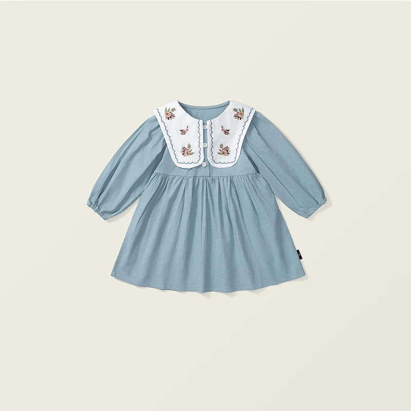 

Korean spring autumn dress Long sleeves bluey New vintage Kids clothes One piece Elegant dress for girl from 3 to 8 years
