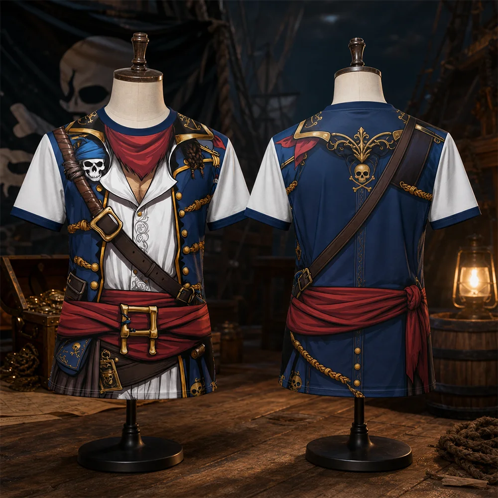 Unisex Piratenkapitän Halloween Cosplay Party T-Shirt Schnelltrocknend Atmungsaktiv Bedrucktes Sport-Oberteil für Eltern und Kinder für den täglichen Outdoor-Gebrauch