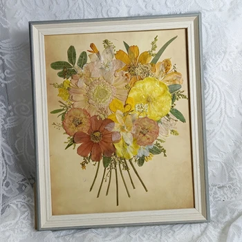 0058 Vintage Handmade Pressed Flower Wall Art Framed Yellow Sunflowers Green Leaves Layered Botanical Nature Home Decor Gift