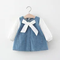 Newborn baby Girls Spring fall clothes Outfits Bow Denim Dress costume for toddler baby Girl cloth 1 year Birthday Dresses dress 1