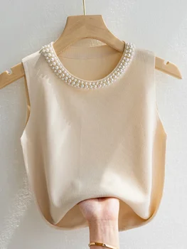 سترات نسائية صيفية جديدة بدون أكمام مطرزة بالخرز سترات رفيعة غير رسمية 2025 سترات نسائية محبوكة كورية بلوزات متينة Mujer De Moda 2