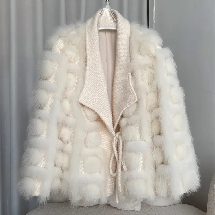 White Fox Back Coat Lace Up Womens Clothes Winter Design Sense Raccoon Dog Fur Knitting Young Thick Warm Fur Sexy Club Outerwear