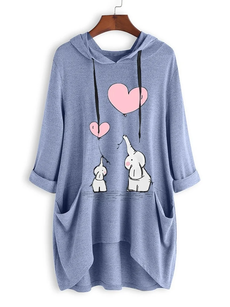 Spring Summer Long Sleeve Knit Hooded Sweater Pullover Loose Casual Irregular Hem Mid-Length Top