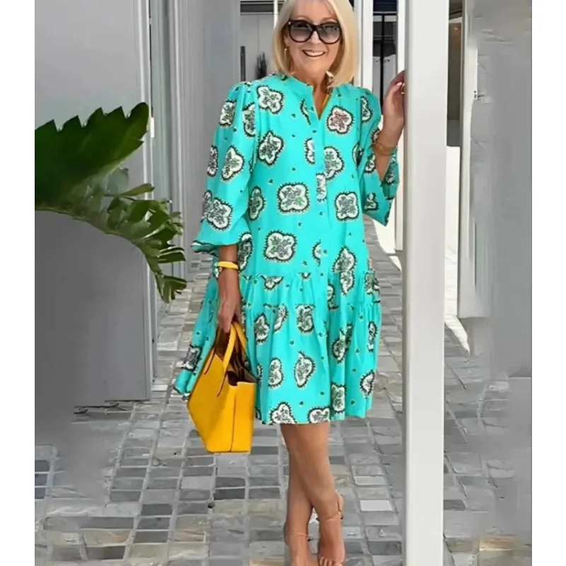 

Y2K INS одежда с длинным рукавом-фонариком, V-образным вырезом, пуговицами, свободное платье для отпуска, Осеннее богемное платье с цветочным принтом для женщин