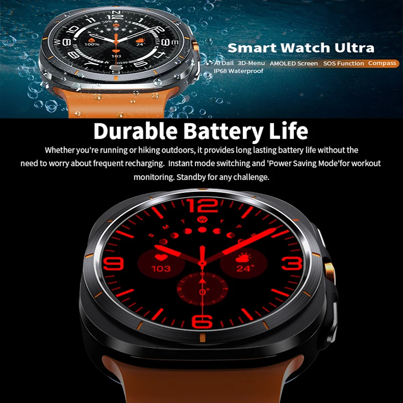 For Samsung Galaxy smart watch 7 Ultra GPS Compass Outdoor Sports Man AMOLED BT Call IP68 Galaxy 6 Upgraded Smartwatch Men