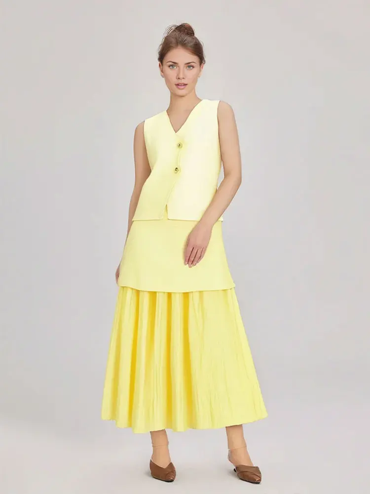 HH Women Elegant Yellow Skirt Suit V Neck Sleeveless Button Knitted Vest Top Slim Side Zipper Midi Skirt Streetwear Sets