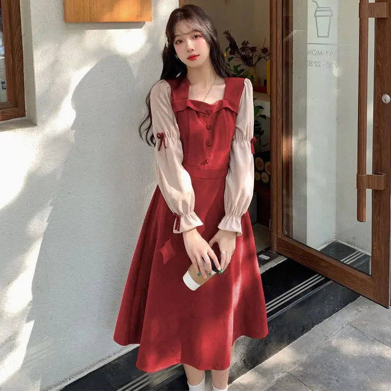 

Retro Long Sleeve Dresses Corduroy Spring Autumn Korean Dress Woman Clothes for Women Trendyol Basic Streetwear Y2k Robe Urban
