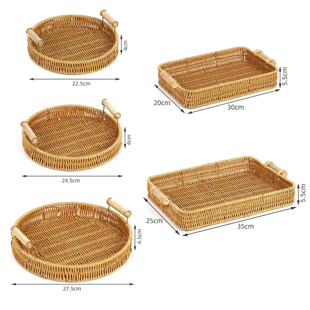 Food Plate Handwoven Plastic Rattan Storage Tray Round Shape Fruit Vegetable Cake Wicker Rattan Threads Basket With Handle 6