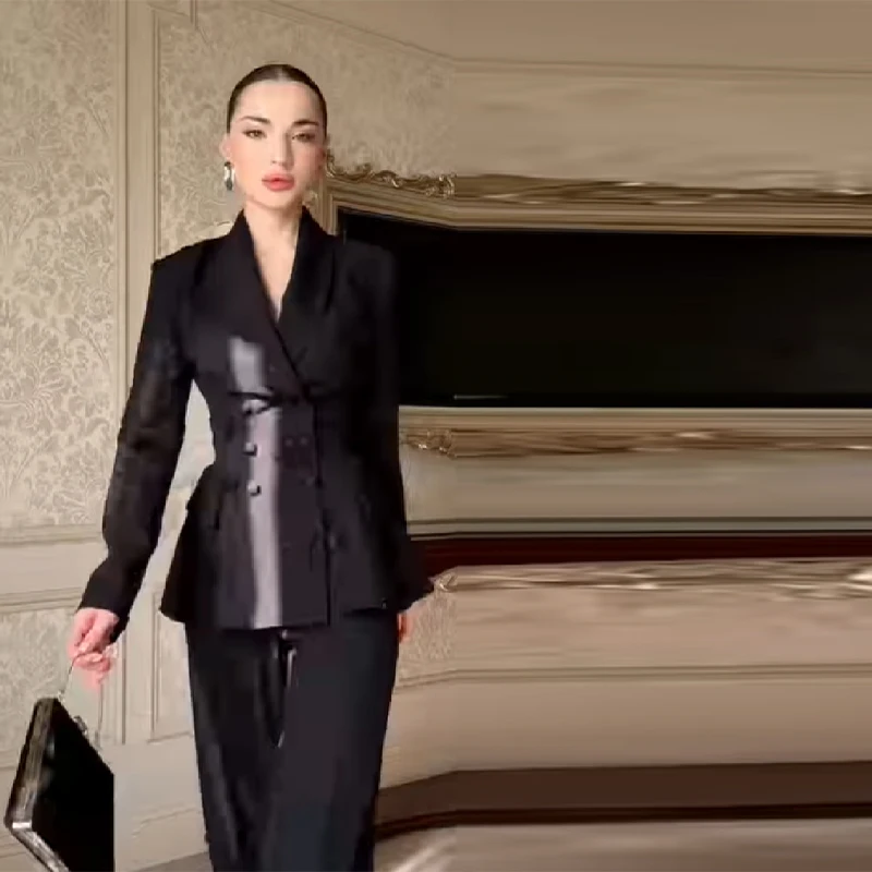 Womens Beaded Double Breasted Jacket Set With Peplum And High Waisted Wide Leg Pants Casual Suit