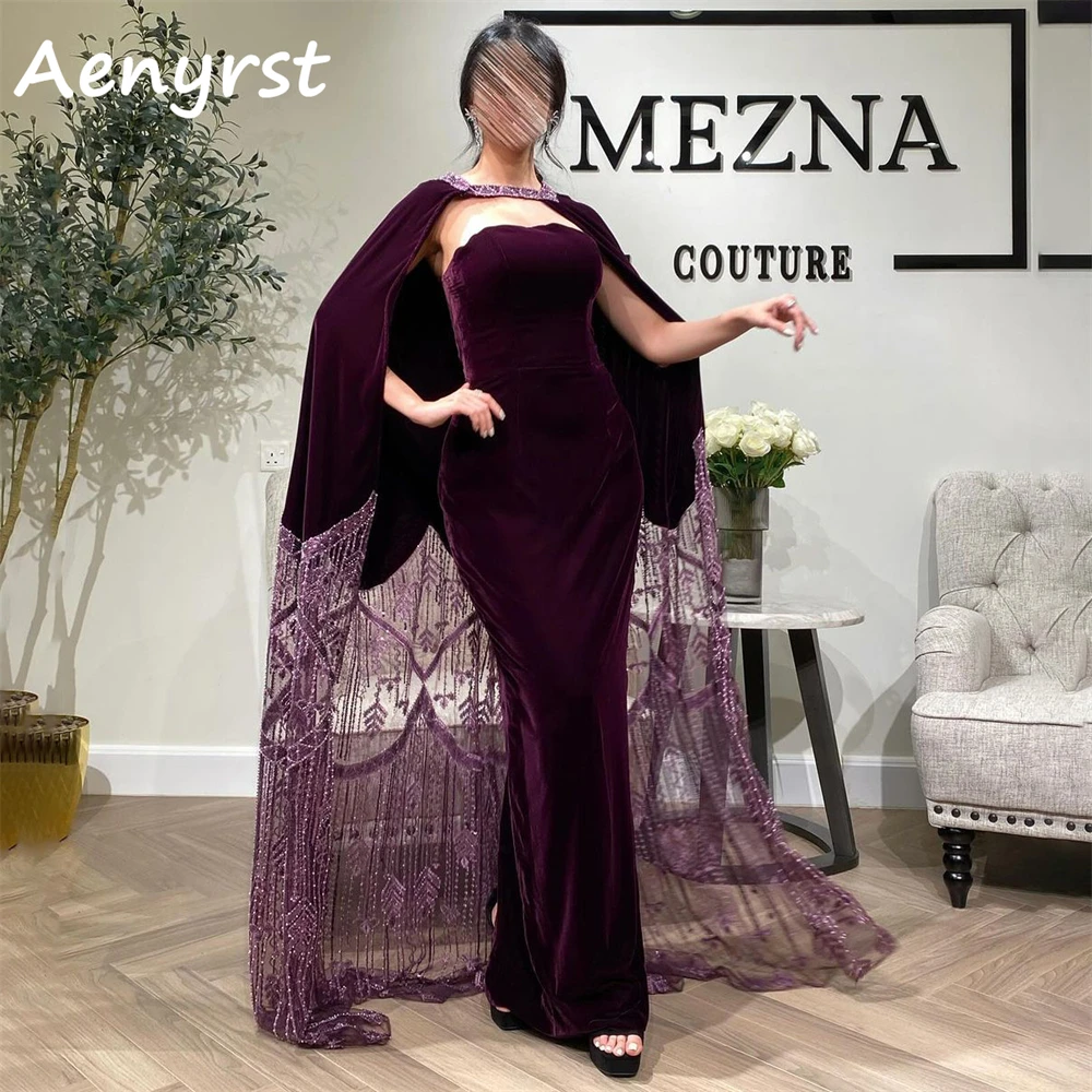 aenyrst purple off shoulder feathers prom dresses tulle sequined side high split evening gowns floor length formal party dress Aenyrst Purple Strapless With Jacket Prom Dresses Velour Mermaid Beading Saudi Evening Gowns Floor Length Formal Occasion Dress