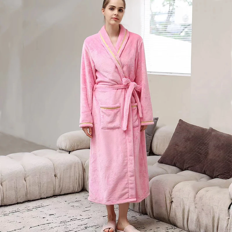 Autumn Winter warm thick extended nightgown women's bath pajamas Flannel Women's bathrobe couple coral velvet homewear long