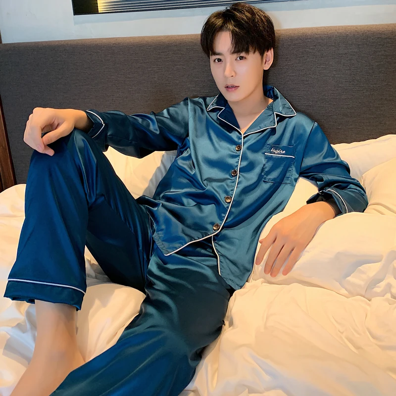 

Men Summer Pajama for Man Long Sleeve Lapel Buttons Silk Mens Pajamas with Long Pants Satin Sleepwear Set Autumn Pijamas Mujer