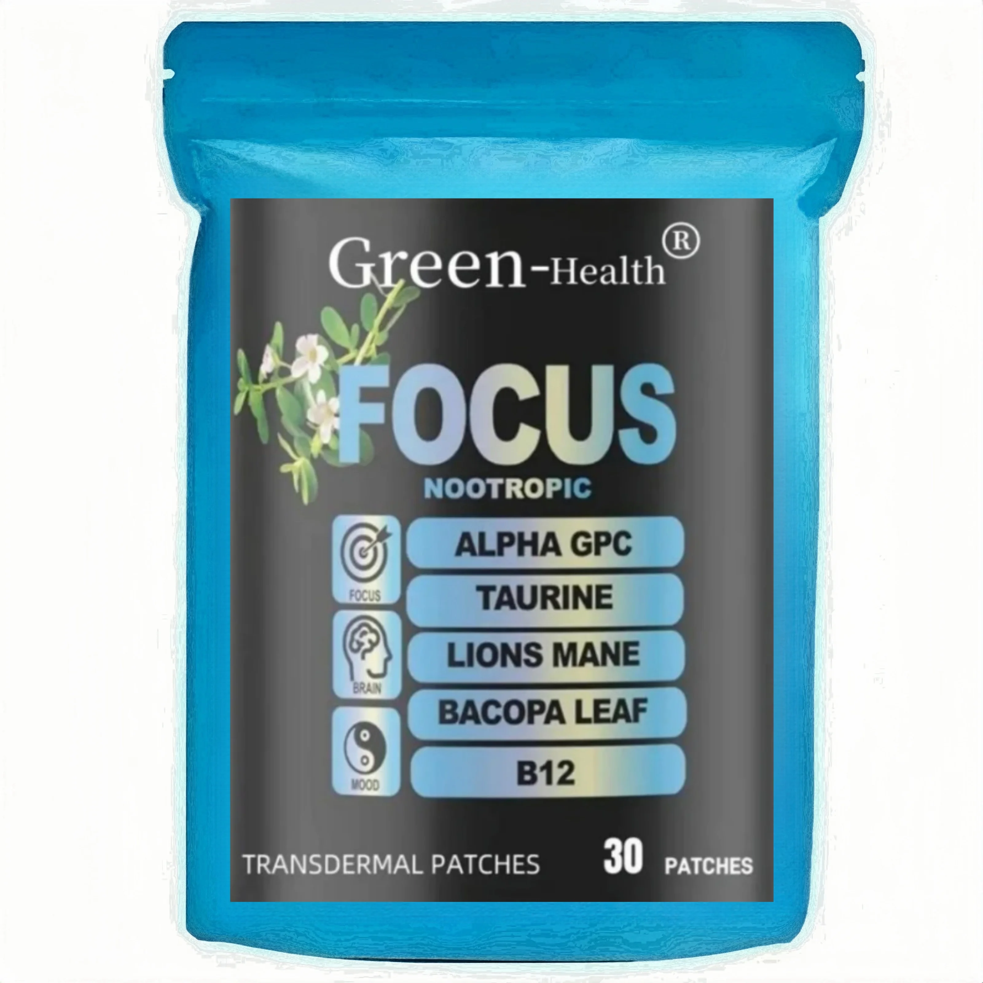 30 Patches Focus 6-in-1 Nootropic Brain Transdermal Patches with Lions Mane, Vitamin C & B12, Taurine, Bacopa Estrogen Patch