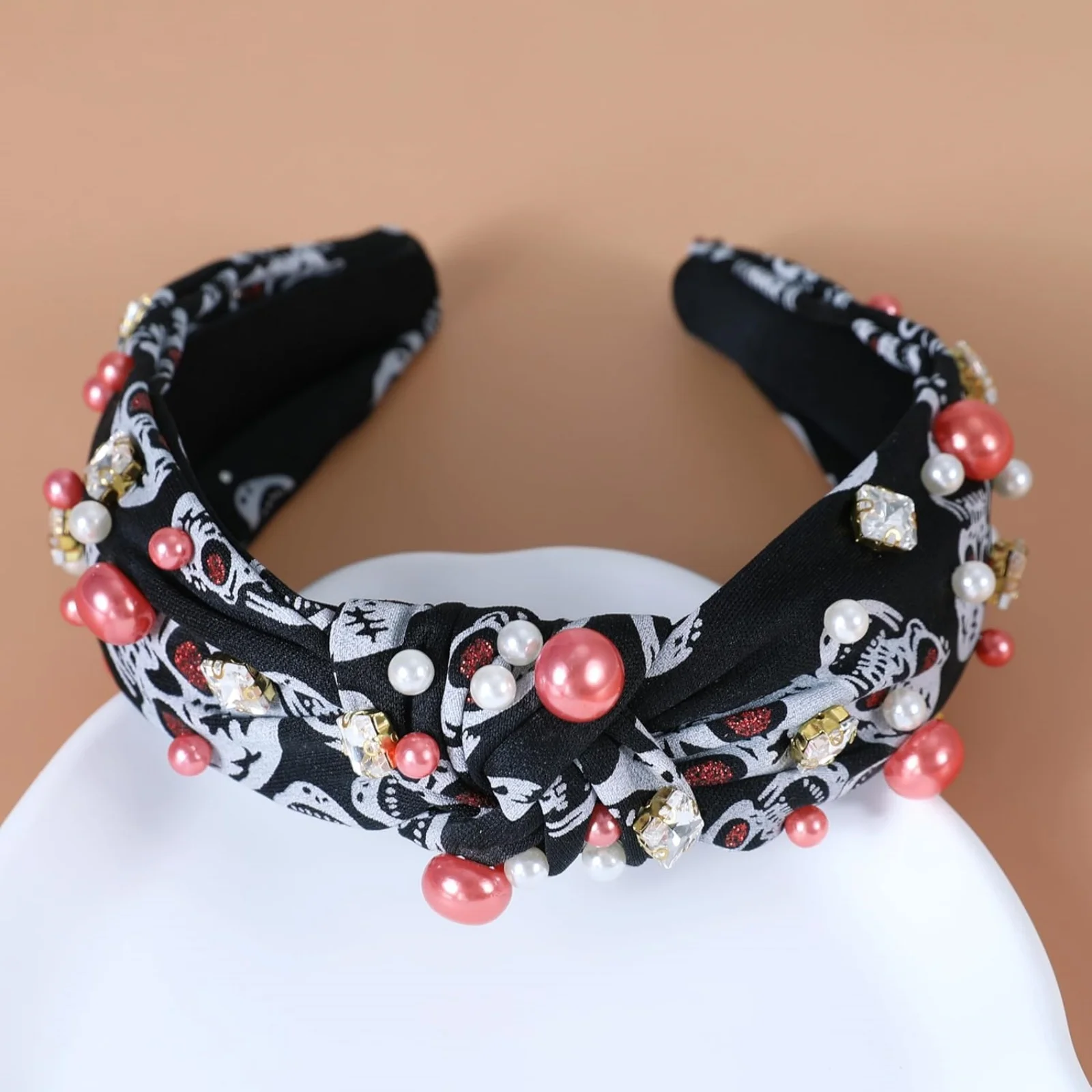 1PC Halloween Themed Headband: Skull Print, Pearl & Rhinestone Embellishments, Unique Hair Accessory