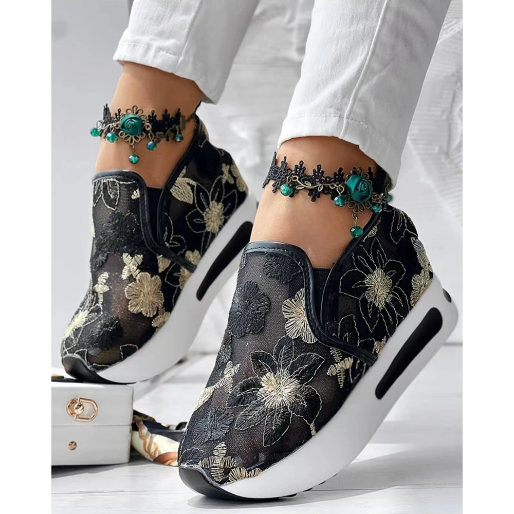 Women Going Out Floral Pattern Round Toe Mesh Sneakers Spring Fashion Casual Round Toe Platform Slip-on Shoes Flats Canvas
