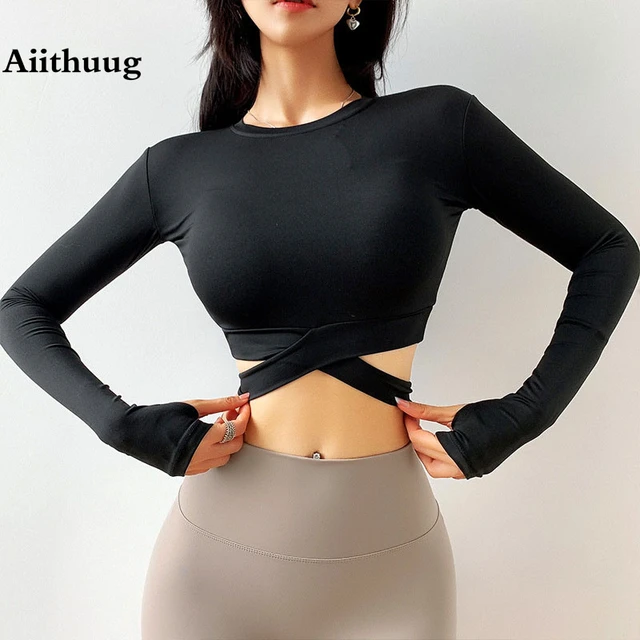 Cropped Black Long Sleeve Workout Top - Women