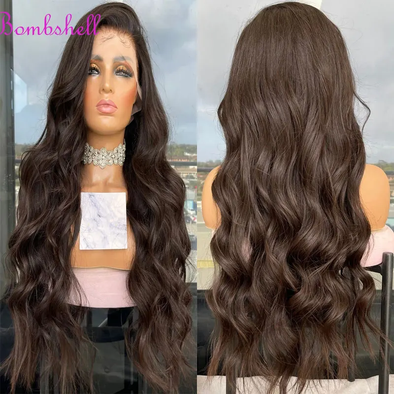 

Bombshell Dark Brown Loose Water Wave Synthetic 13X4 Lace Front Wigs Glueless High Quality Heat Resistant Fiber Hair For Women