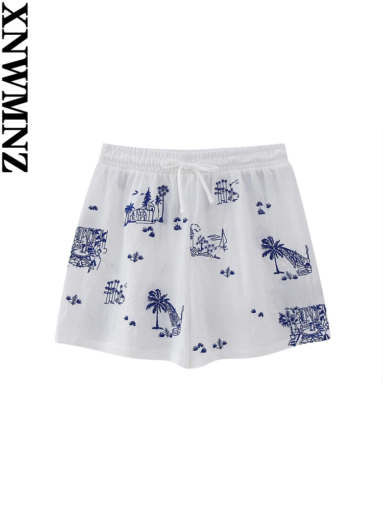 

XNWMNZ Women's Fashion 2023 Embroidered Shorts Women Vacation Style Elastic Drawstring High Waist Casual Versatile Female Shorts