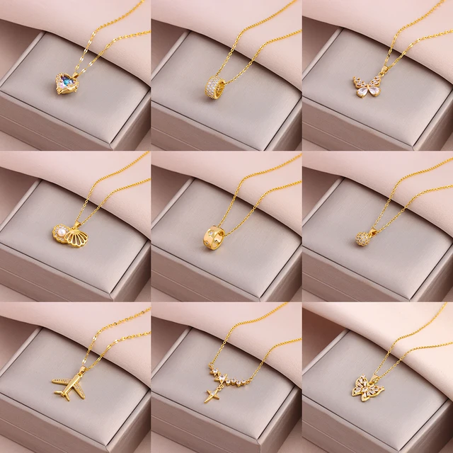 New Fashion Sweet Sexy 18K Gold Plated Zircon Crystal Pendant Necklaces For Women Female Stainless Steel Clavicle Chain Jewelry 1
