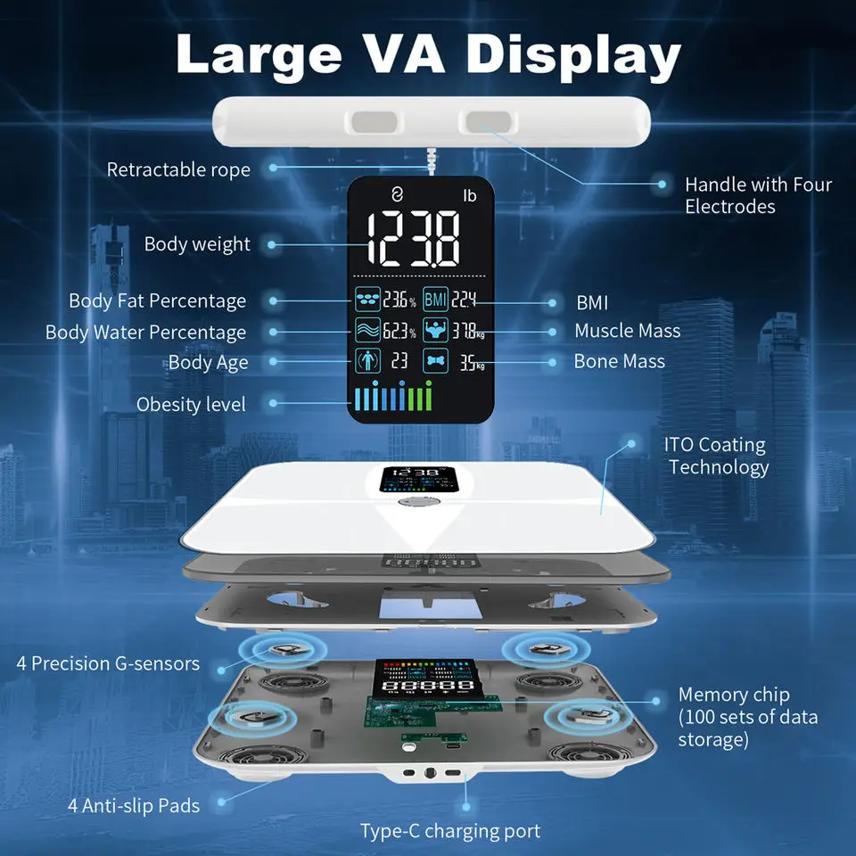 Scales for Body Weight and Fat, 8 Electrode Smart Body Fat Scale Large Display BMI Digital Weight Scale, Accurate Bathroom Scale 3
