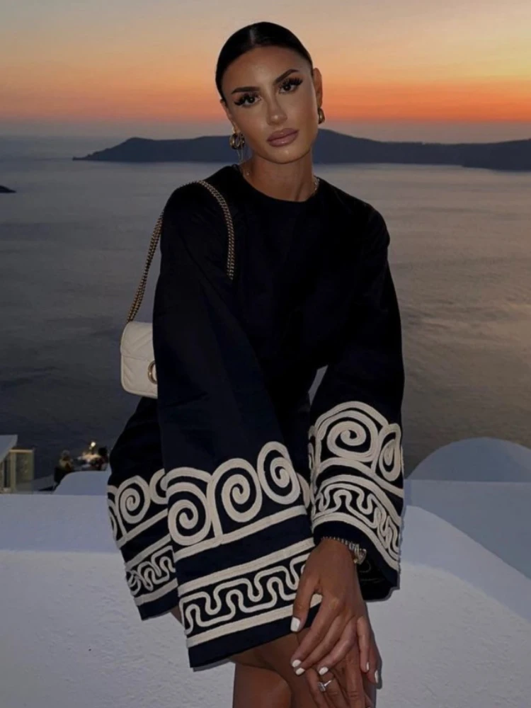 

Embroidery Stitching Women Dress O-neck Long Sleeve Lace Up Dress Commuting StreetWear Fashion Female Clothing Spring Summer