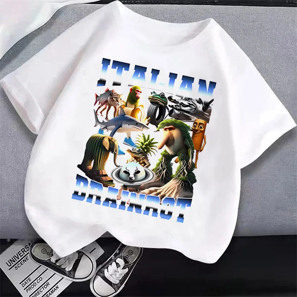 Children's Anime Cartoon Print Italian T-Shirt - Absorbent Casual Round Neck Top