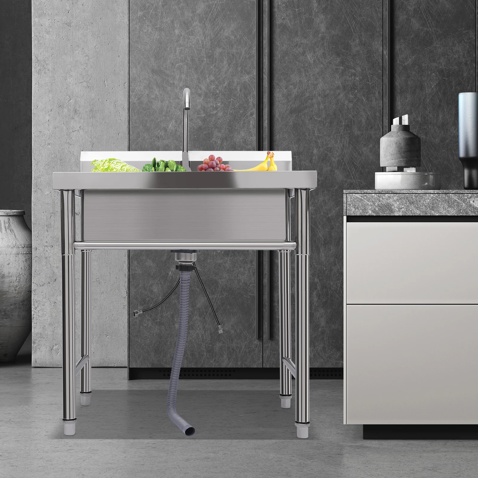 25.6x16.14x9.05 inch Freestanding Stainless Steel Commercial Sink with Single Bowl, for Garage Bar Restaurant 4