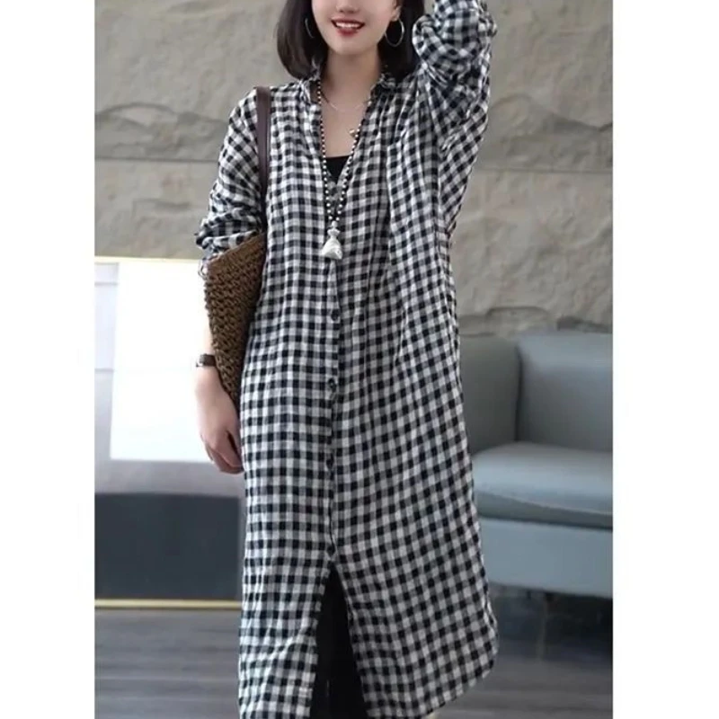 2024 New Summer Korean Version Fashionable Minimalist Loose Blouses Long Sleeved Polo Collar Plaid Button Midi Women's Shirt Top