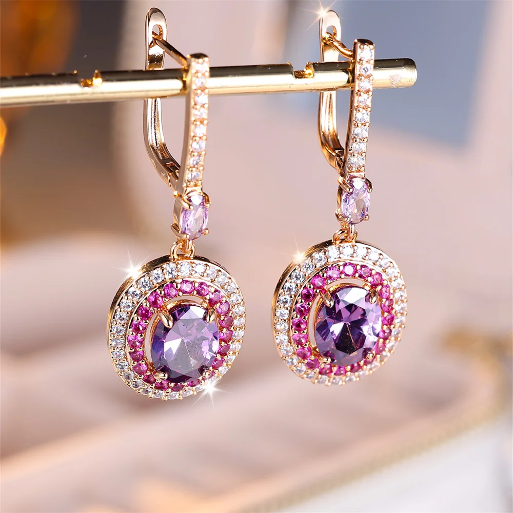 Purple Crystal Egg Shaped Stone Earring Rose Red Zircon Oval Hoop Earrings For Women Champagne Gold Color Wedding Bridal Jewelry