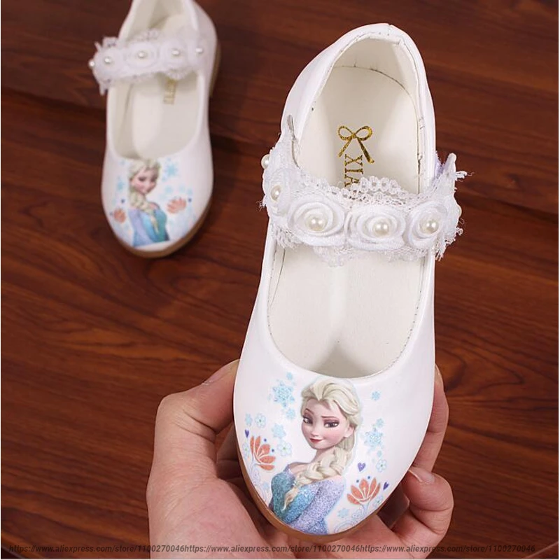 Disney New Kids Elsa Casual Shoes girls Frozen Princess Pink Soft Shoes Children's Cartoon pearl Leather Shoes Size 26-35 child shoes girl