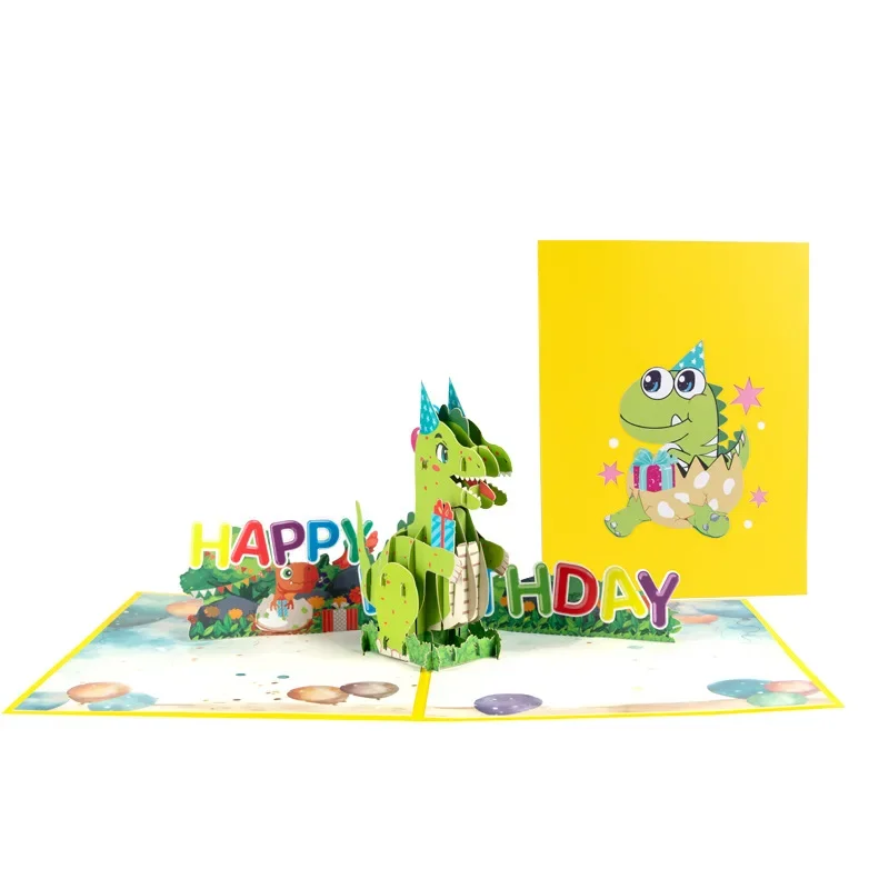 3D Pop up Happy Birthday Card Cartoon Children's Dinosaur Cards Holiday Blessing Paper Carving Gift