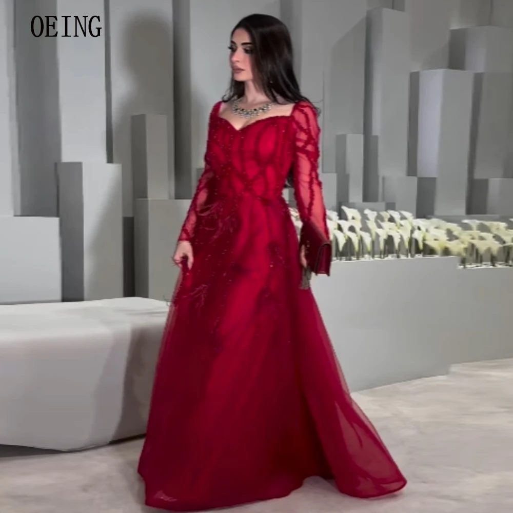 

OEING Elegant Saudi Arabric Evening Prom Gown Red Modest Sparkly Gala Dress Feathers Luxury Dress For Weddings Custom Made