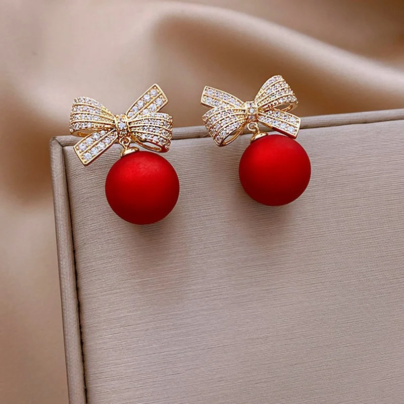 Luxus Rote Perle Zirkon Bowknot Ohrringe Stud Für Frauen Ohrringe Haken Baumeln Neue Jahr Weihnachten Party Schmuck Geschenk