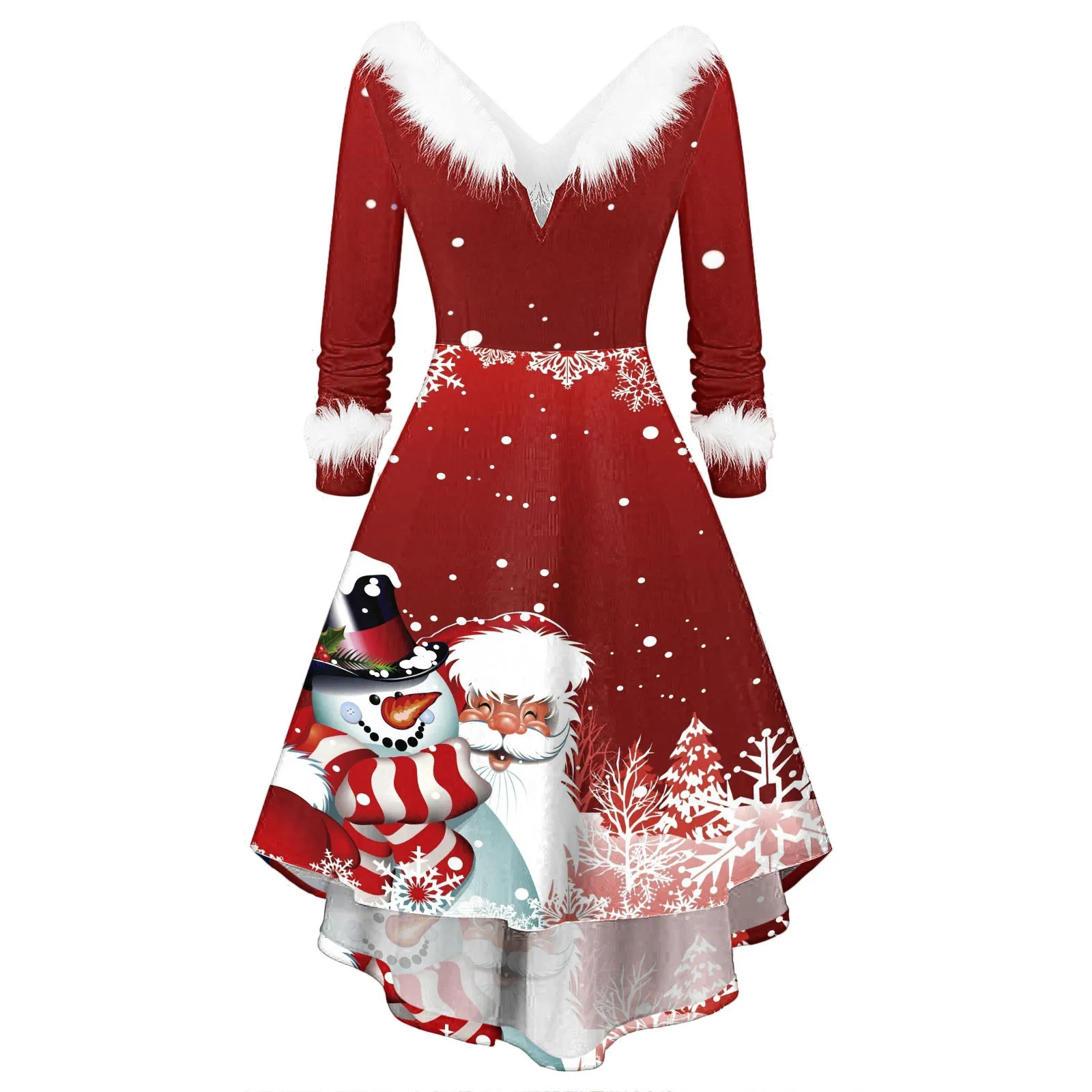Womens Christmas Swing Dress Long Sleeve Snowman Printed Faux Plush V Neck Christmas Dresses A Line Asymmetrical Party Dresses