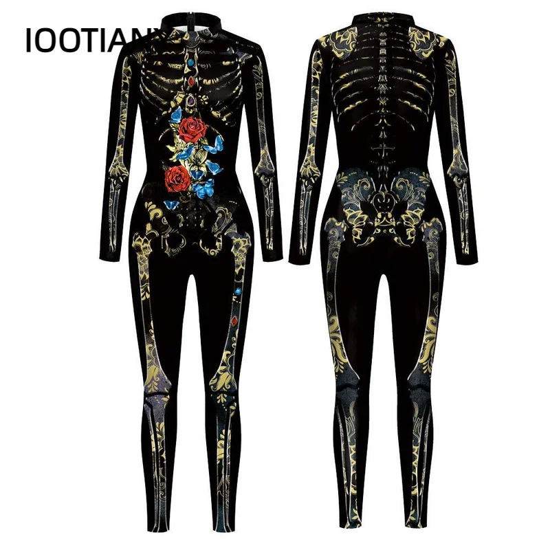 IOOTIANY Adult Halloween Cosplay Costumes Skeleton 3D Printing Bodysuits Women Sexy Slim Elastic Jumpsuit Long Sleeve Catsuit