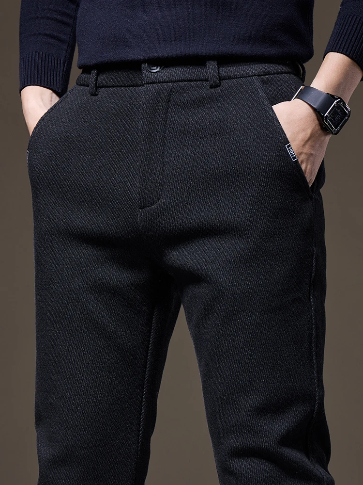 Autumn Men's Brushed Fabric Regular Pants Fashion Korean Slim Straight Business Casual Trousers Classic Black Gray Brand Clothes 2