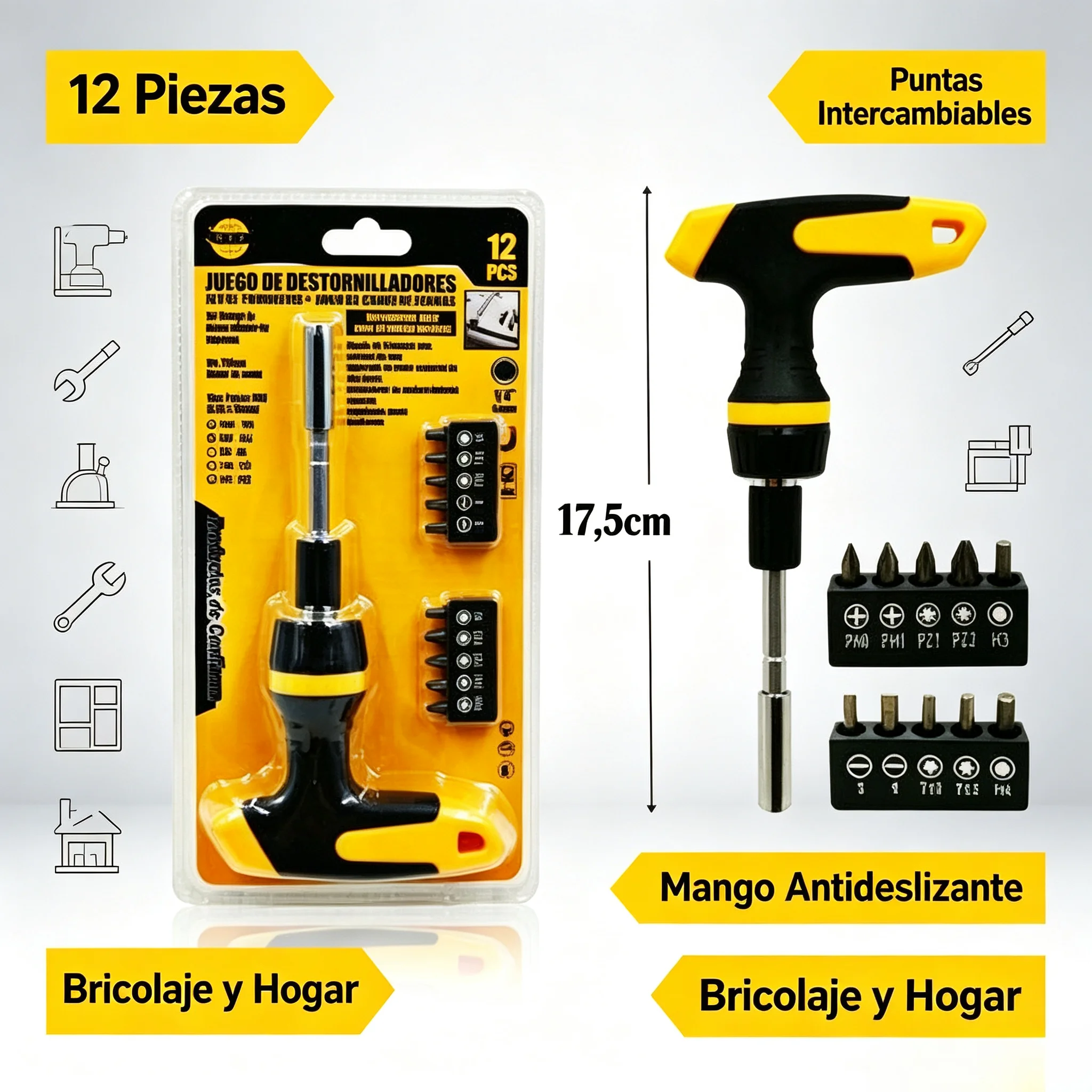 Kit de 12 Destornilladores en Forma de T 17,5cm, Juego con Puntas Intercambiables Phillips, Planas y Torx, Mango Ergonómico Antideslizante, Herramienta Manual para Bricolaje y Reparaciones del Hogar - Imagen 2