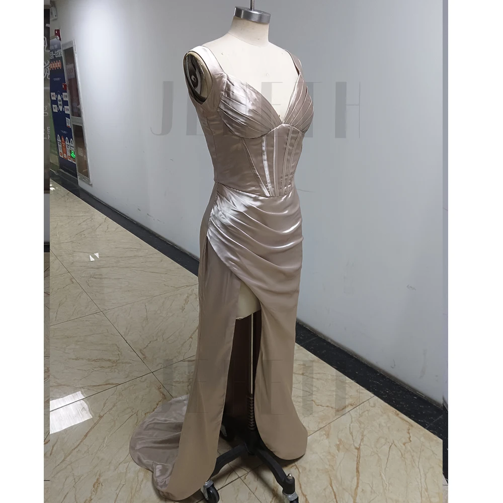 JEHETH Sexy Deep V-Neck Satin Evening Dresses Spaghetti Straps Side Split Backless Pleats Cocktail Party Gowns robes de soirée