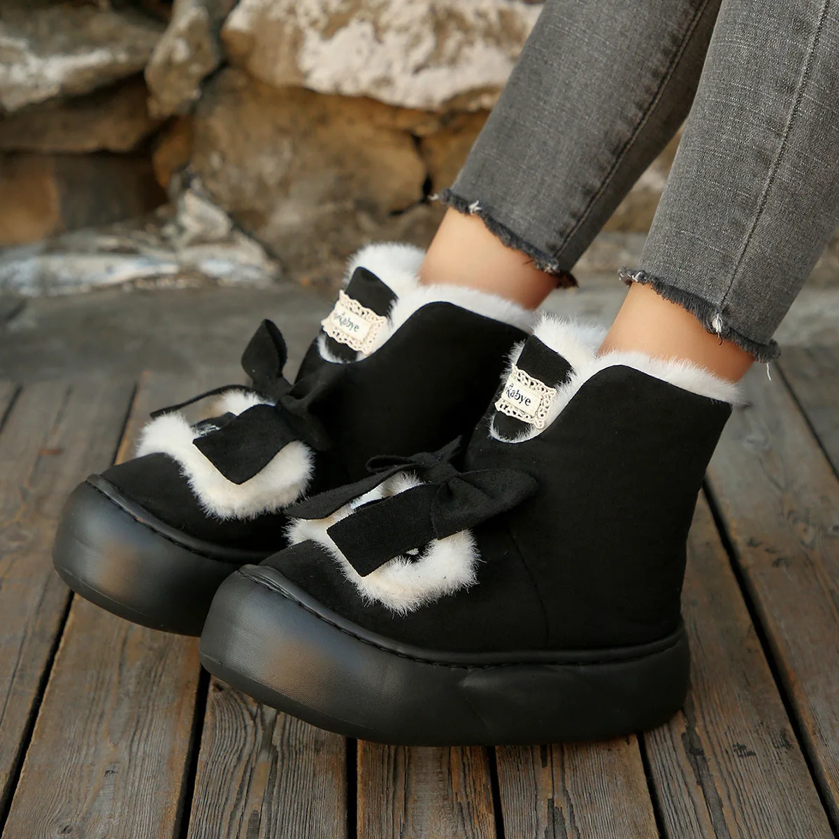 2025 new Sweet thick-soled snow boots for women  style winter fleece and thickened cotton boots bow warm wool cotton shoes