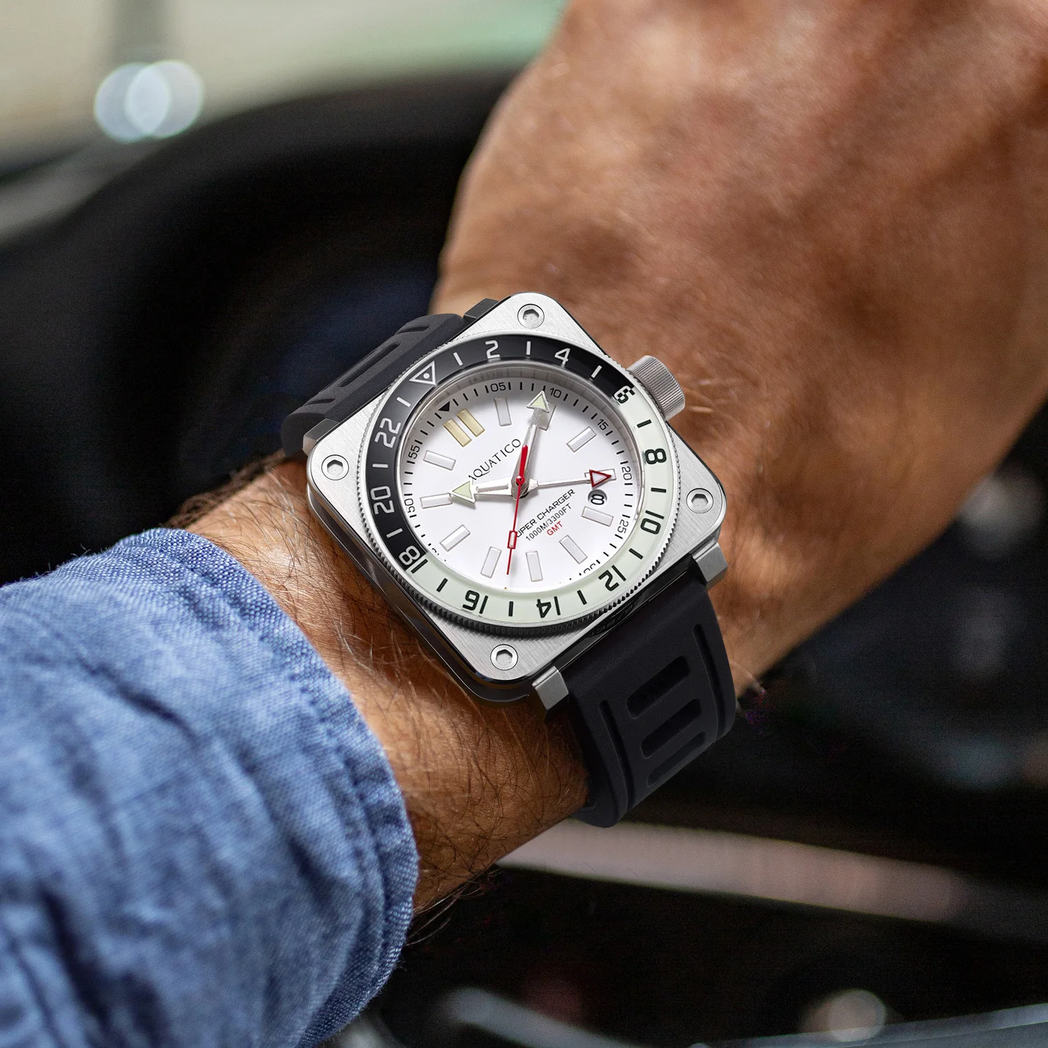 Aquatico Steel Man GMT Watch (White Dial black and white bezel