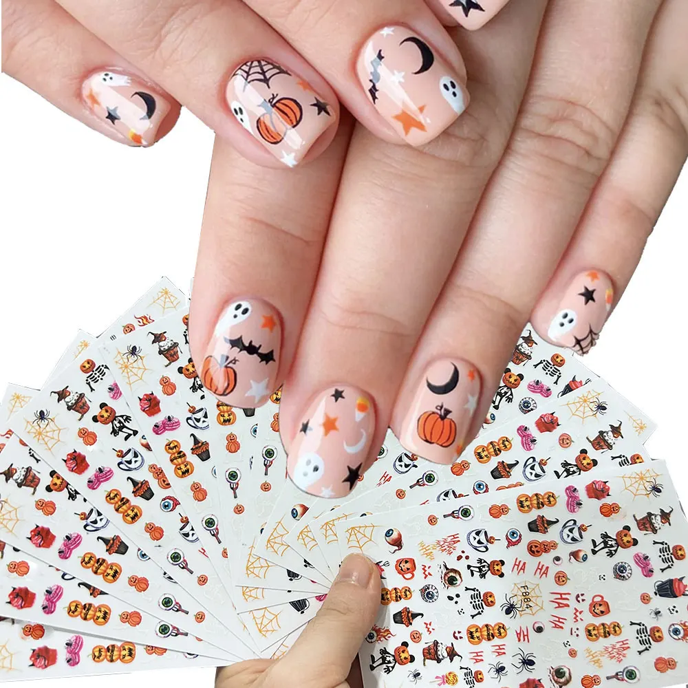

Halloween Pumpkin Nail Stickers 1pcs 3D Cute Skull Ghost Nail Slider Evil Eye Spider Nail Decals Art Decorations Holiday Sticker
