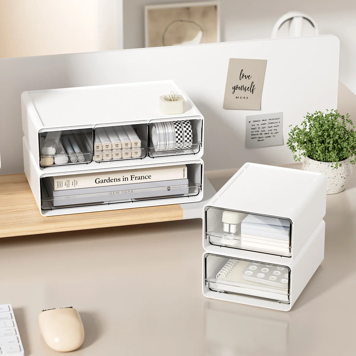 Scatola portaoggetti da tavolo con cassetto semplice Scatola portaoggetti per cosmetici multi-griglia Scatola portaoggetti per file da ufficio impilabile - immagine 4