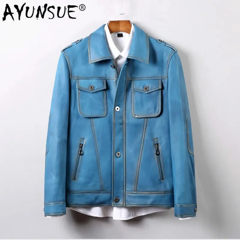 

AYUNSUE Men's Leather Jacket Genuine 100% Sheepskin Coat Men Blue Korean Slim Fit Blazer Jackets 71503 KJ2727